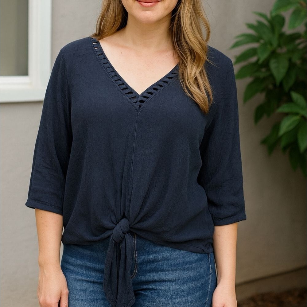 Tie Front Cut Out Vneck Crinkle Top MP Navy Blue Coastal Beachy Spring Fall Casu